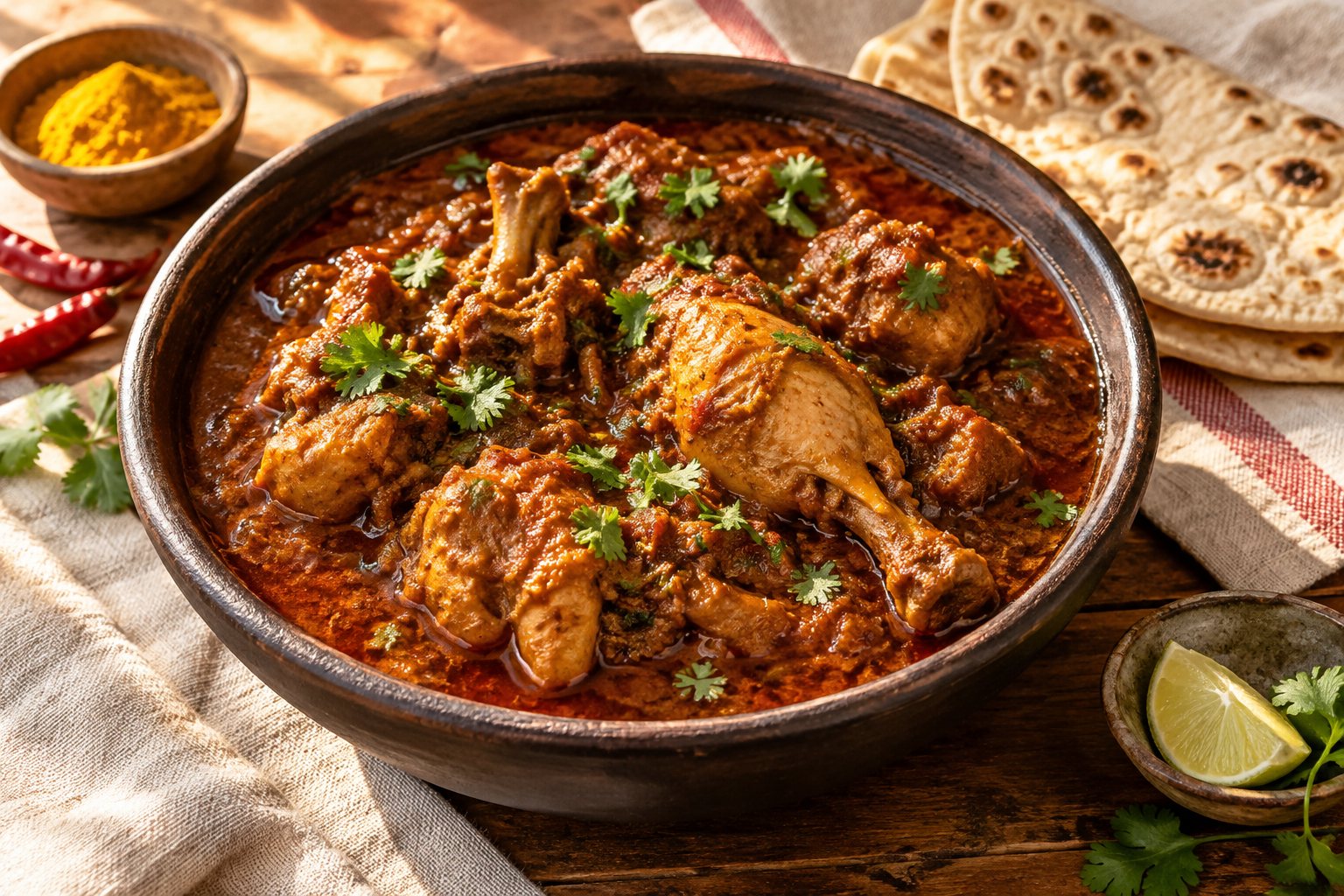 A richly spiced chicken curry garnished with coriander, ready to share