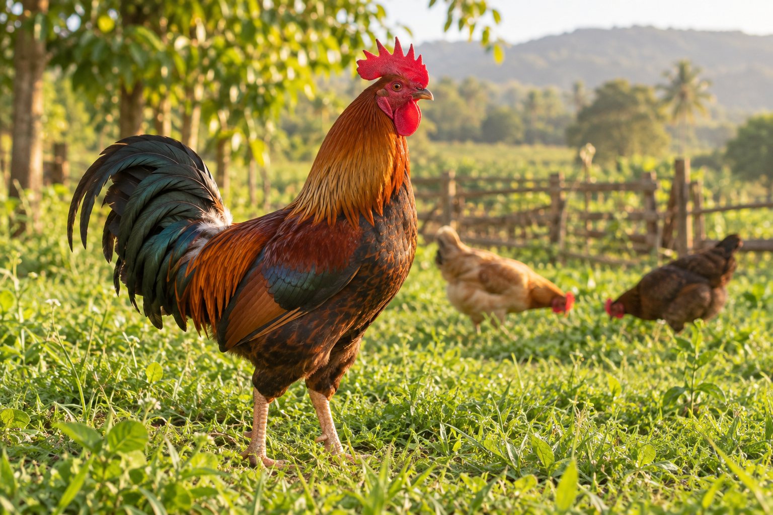 Russet country rooster with hens on a green sunlit farm
